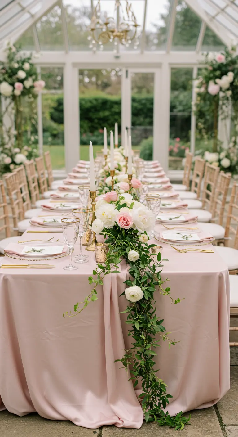 Longue table de mariage romantique rose poudré avec chemin floral, roses et chandeliers dorés.