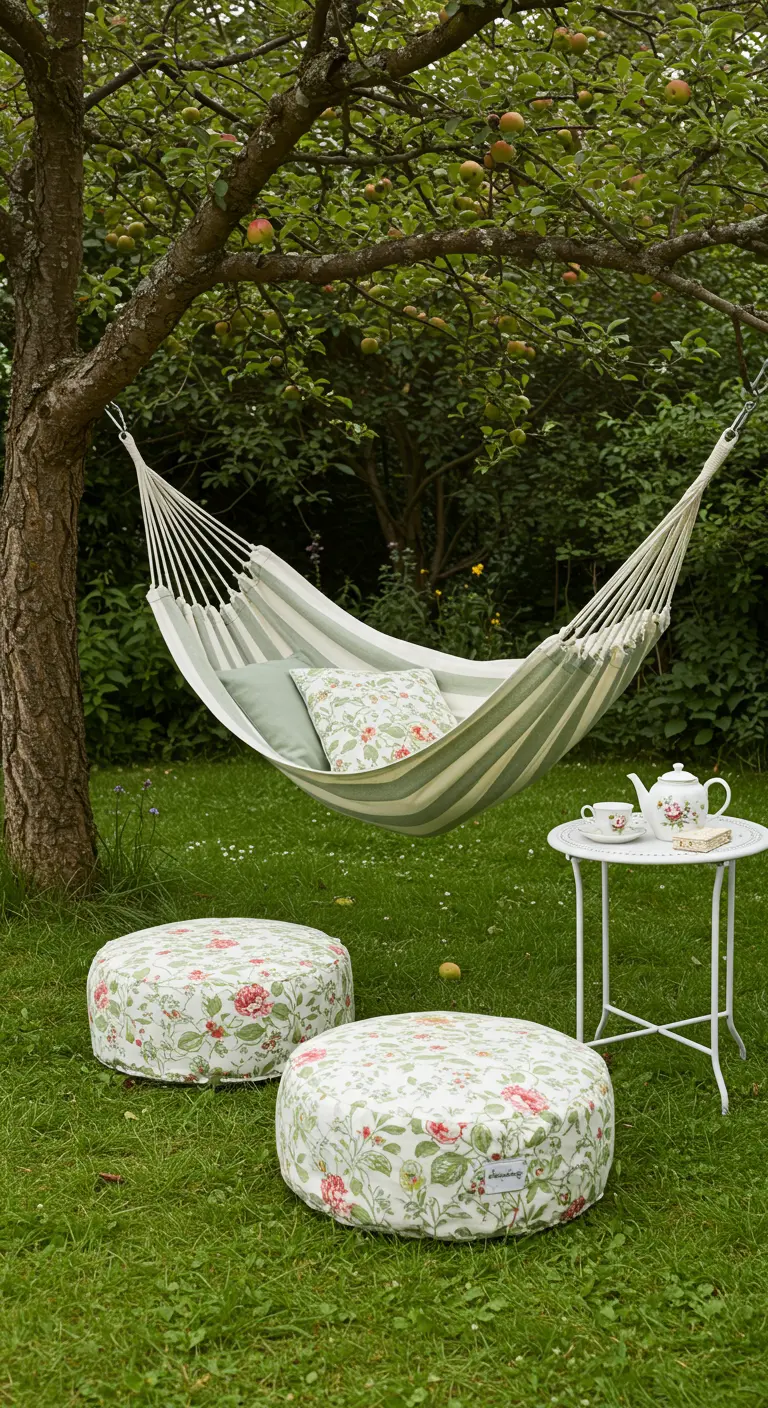 Hamac rayé et poufs fleuris sous un pommier dans un jardin.