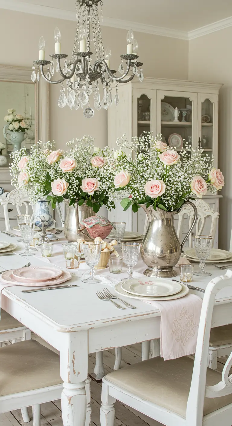 Table de mariage Shabby Chic avec des roses roses, du gypsophile et des pichets en argent.