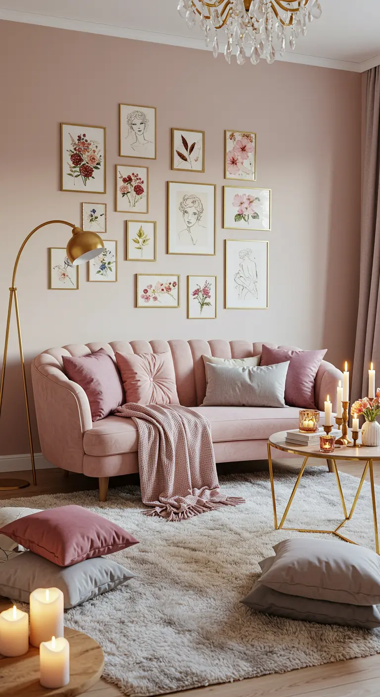 Salon romantique avec un canapé en velours rose, un mur rose et une galerie de dessins floraux.