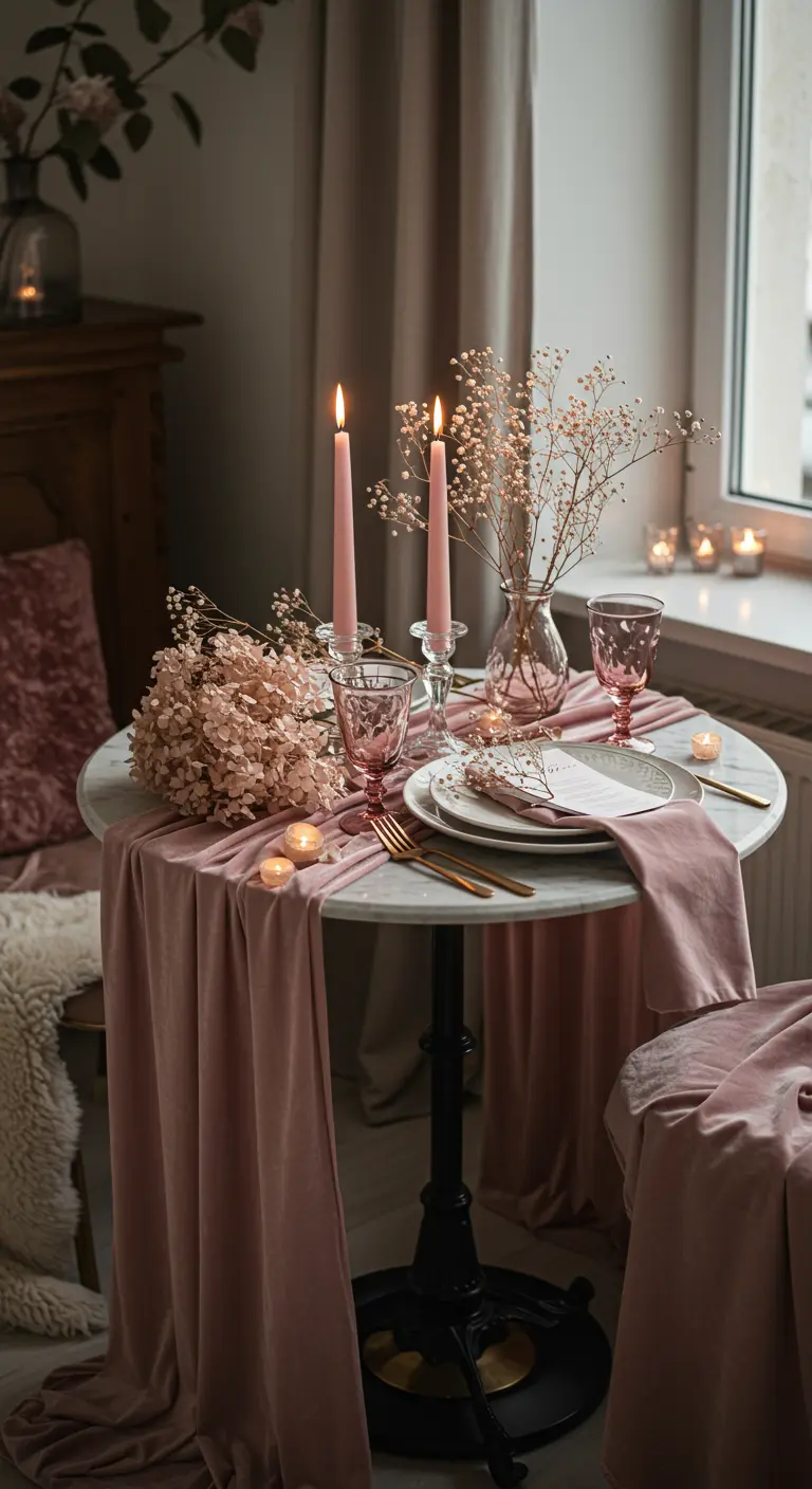 Table pour deux avec chemin de table en velours rose, fleurs séchées et bougies.