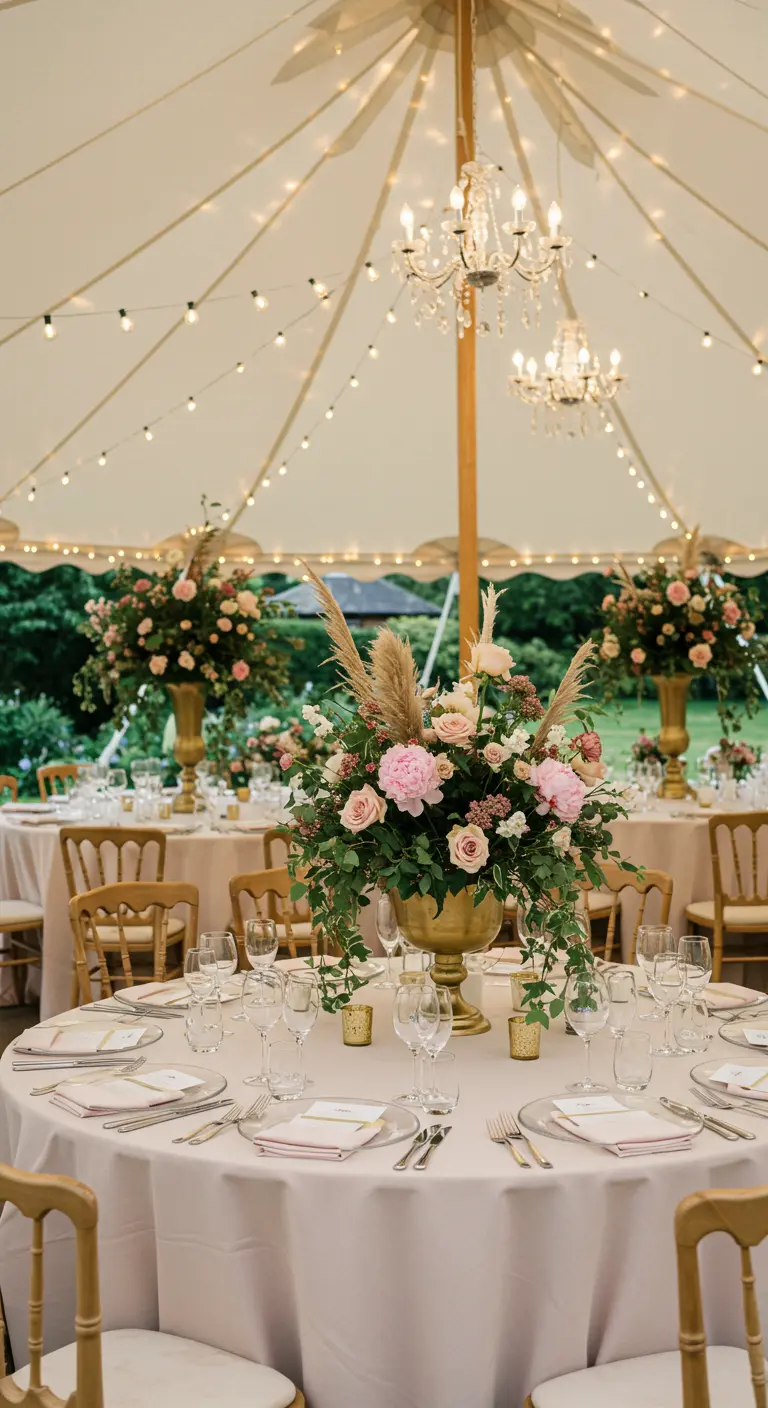 Grande composition florale de pivoines et roses dans un vase doré sur une table ronde.