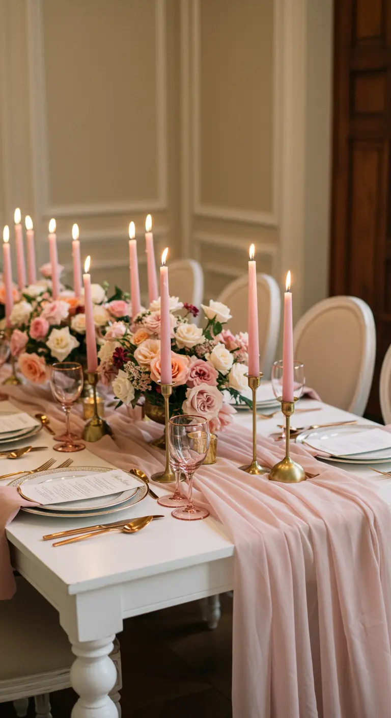 Table de fête romantique avec un chemin de table en mousseline rose, des bougies et des fleurs roses.