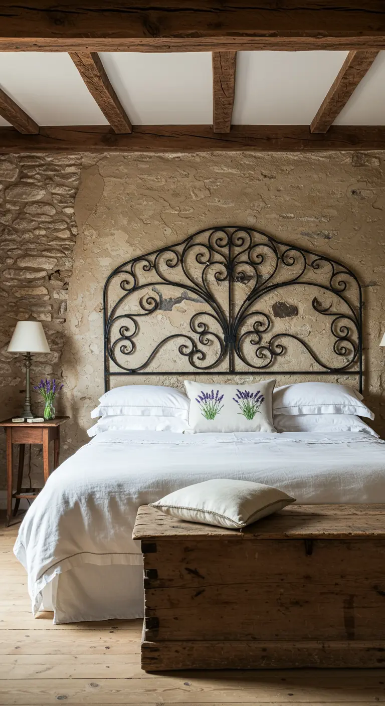 Tête de lit en fer forgé noir avec des volutes, contre un mur en pierre.
