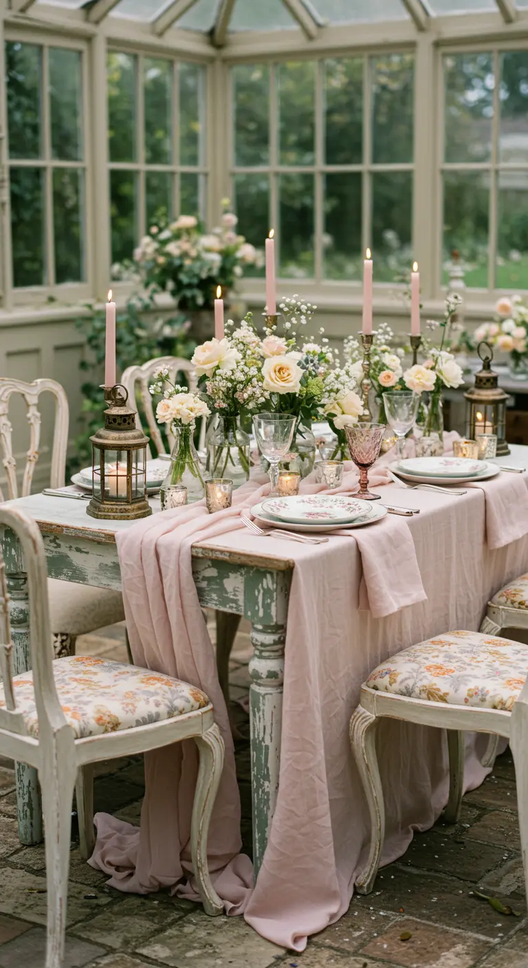 Table romantique dans une serre avec nappe rose poudré, vaisselle fleurie, bougeoirs et petites lanternes.