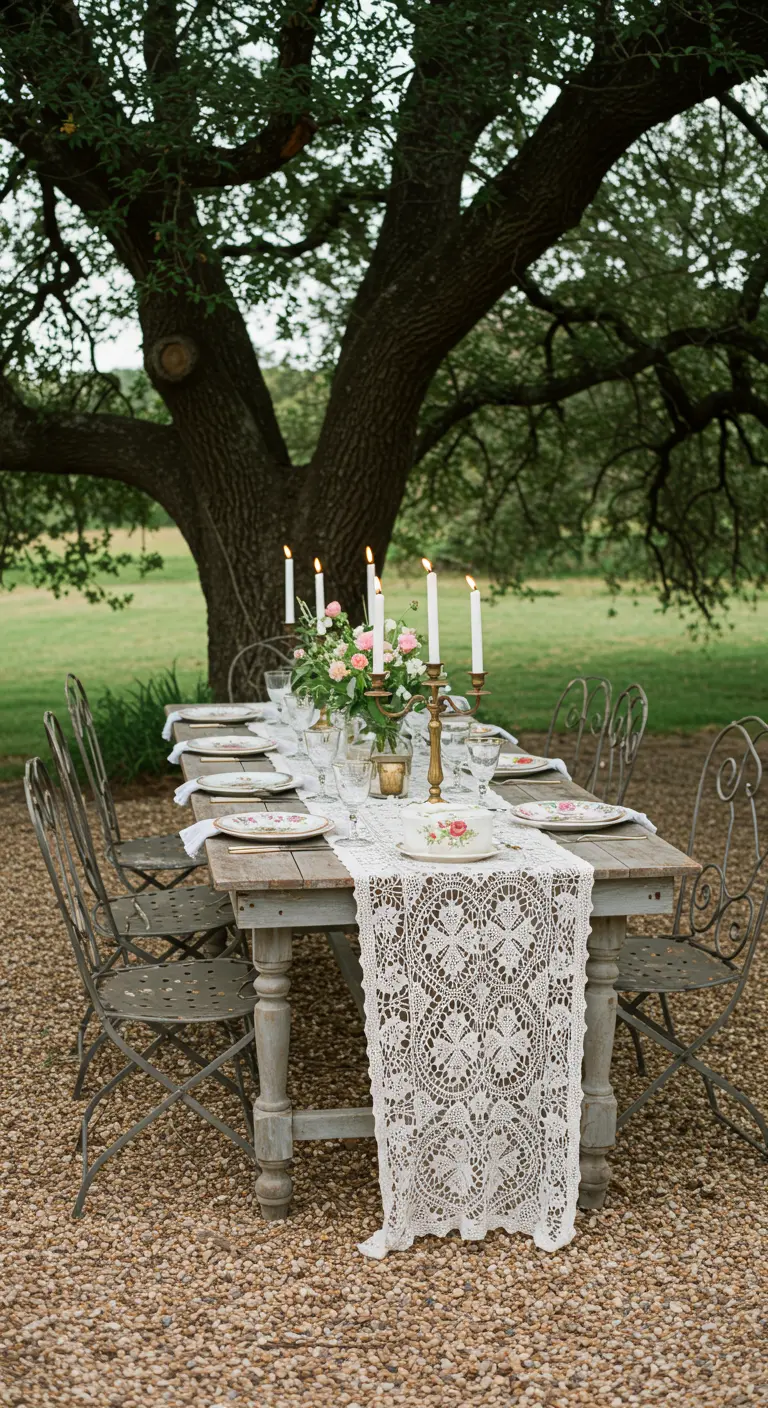 Table rustique avec un chemin de table en dentelle et de la vaisselle florale.