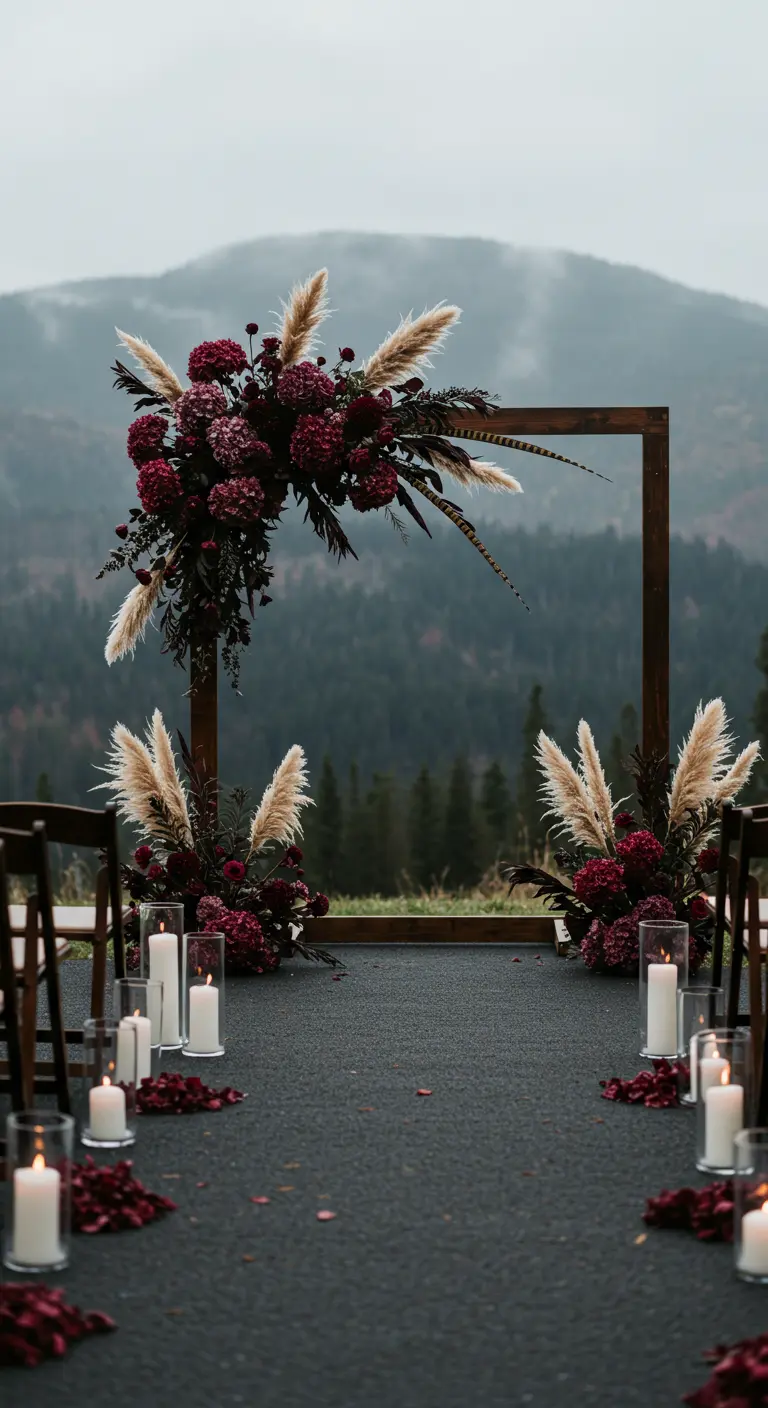 Arche carrée avec un bouquet opulent de fleurs bordeaux sur fond de montagnes.