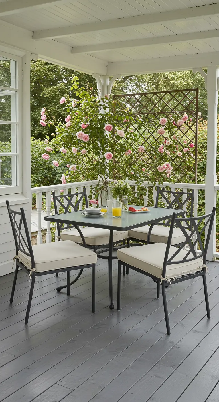Ensemble de table et chaises bistrot noires sur un porche gris avec des rosiers grimpants.