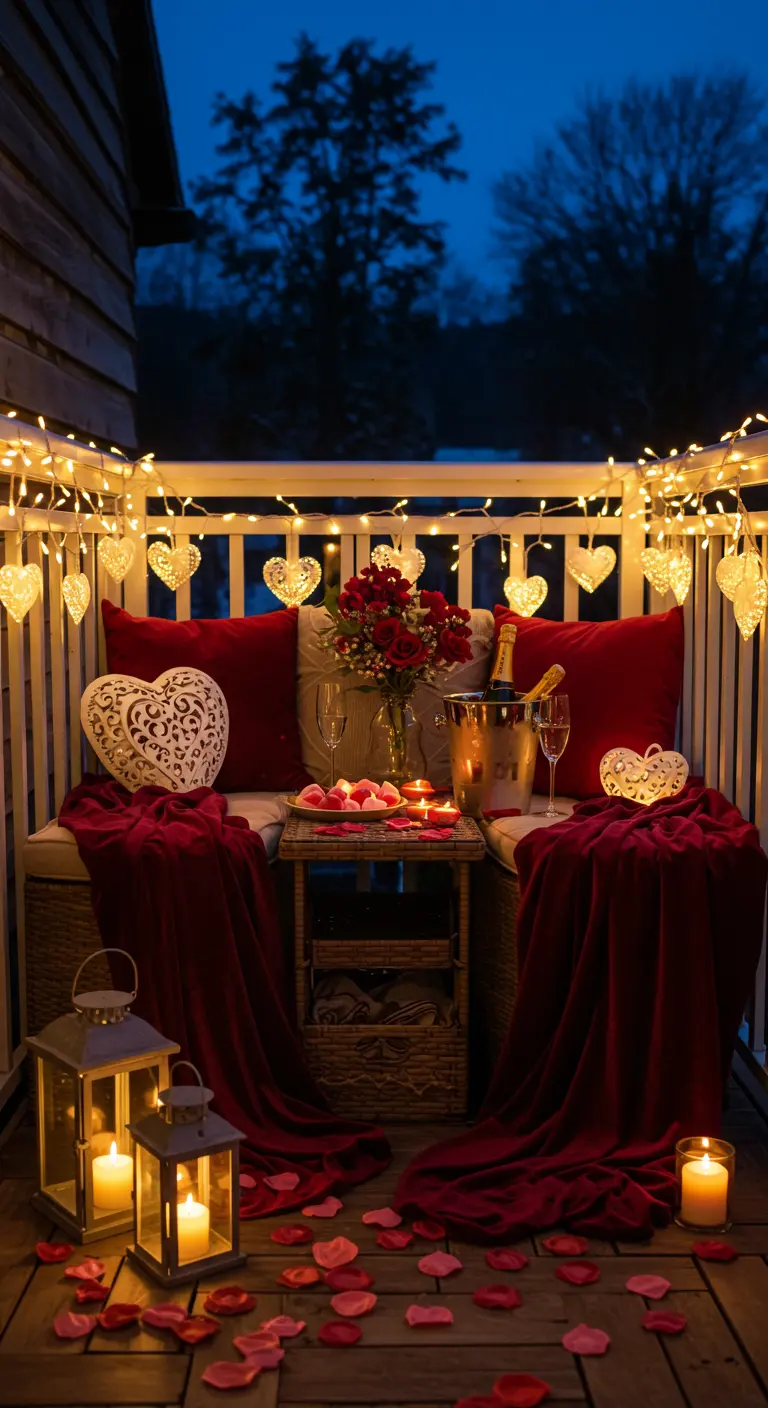 Balcon romantique avec coussins rouges, guirlandes de cœurs, pétales de rose et champagne. 