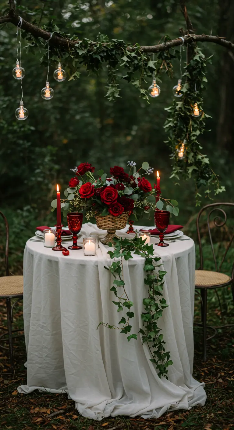 Petite table romantique en forêt avec roses rouges, lierre, bougies et guirlandes lumineuses.