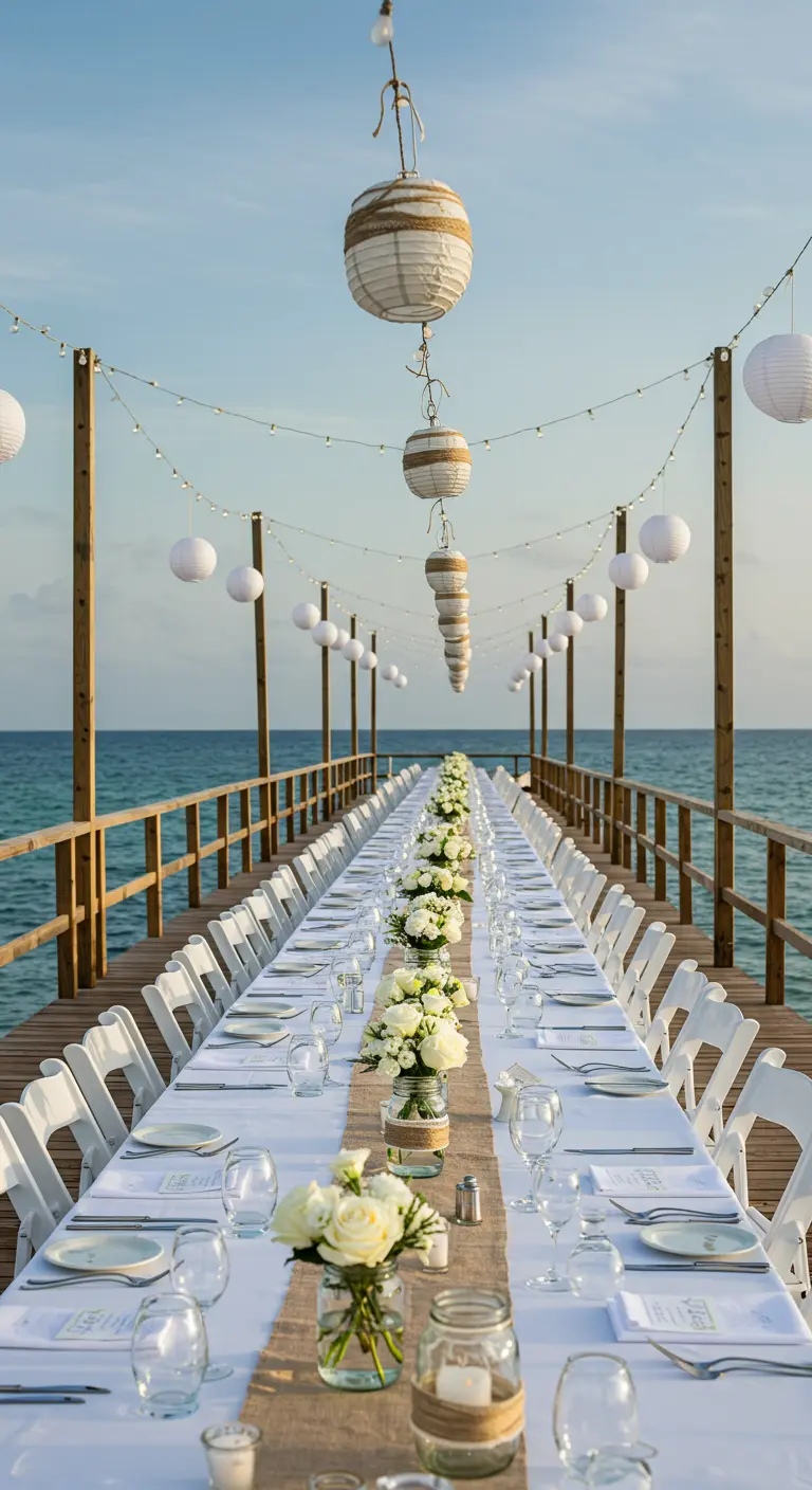 Dîner de mariage sur une jetée, longue table avec roses blanches en bocaux et lanternes suspendues.