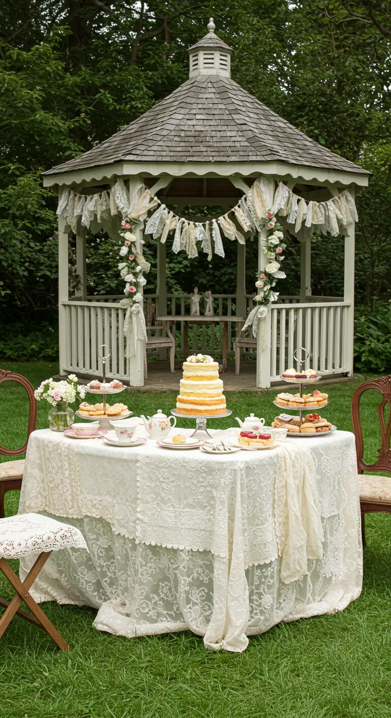 Guirlande de dentelle et rubans blancs suspendue à un kiosque de jardin vintage.