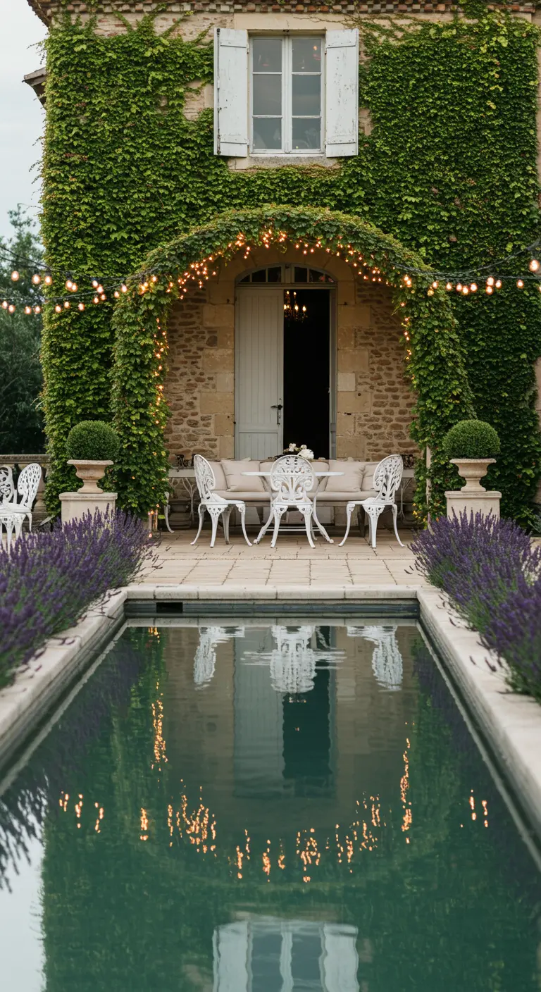 Piscine étroite devant une maison couverte de lierre, mobilier blanc en fer forgé et lavande.