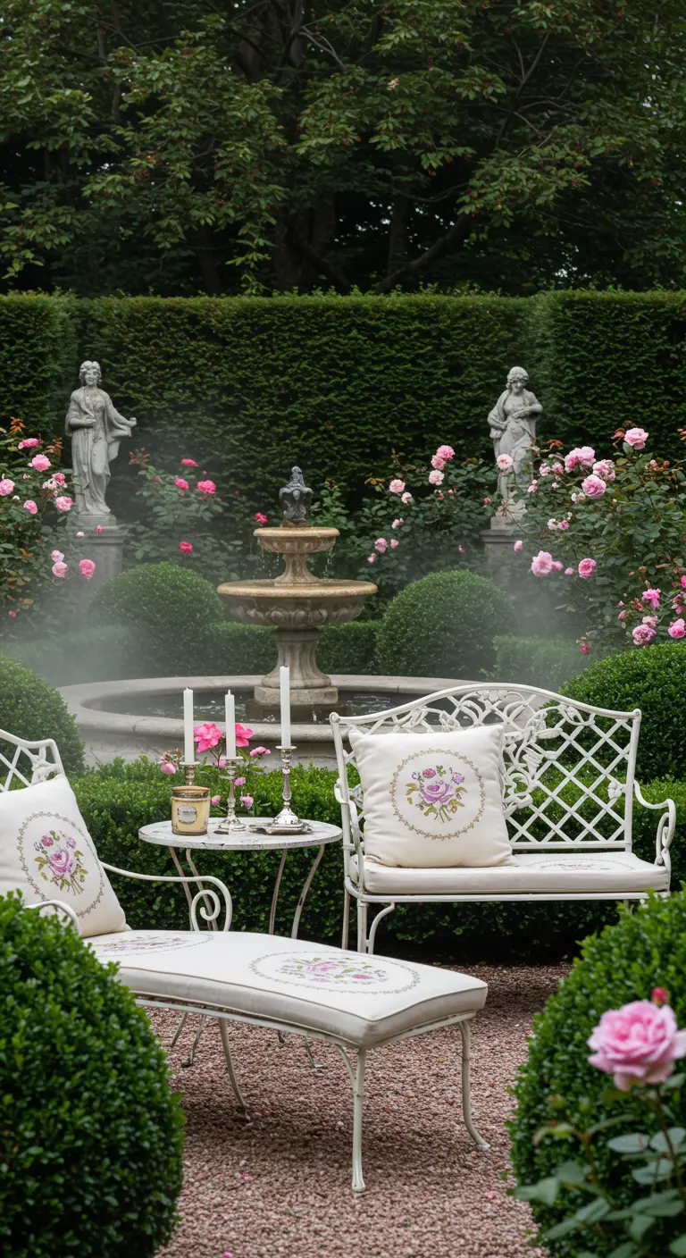 Jardin romantique avec mobilier en fer forgé blanc, rosiers roses, haies taillées et fontaine brumisée.