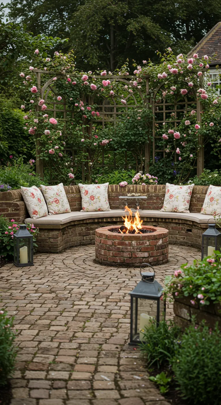 Jardin romantique anglais avec banquettes en briques, coussins floraux, foyer rond, rosiers grimpants et lanternes.