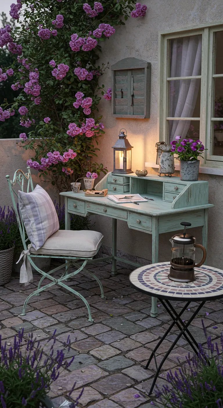 Bureau vintage vert d'eau dans un jardin romantique avec rosiers, lavande et lanterne lumineuse.