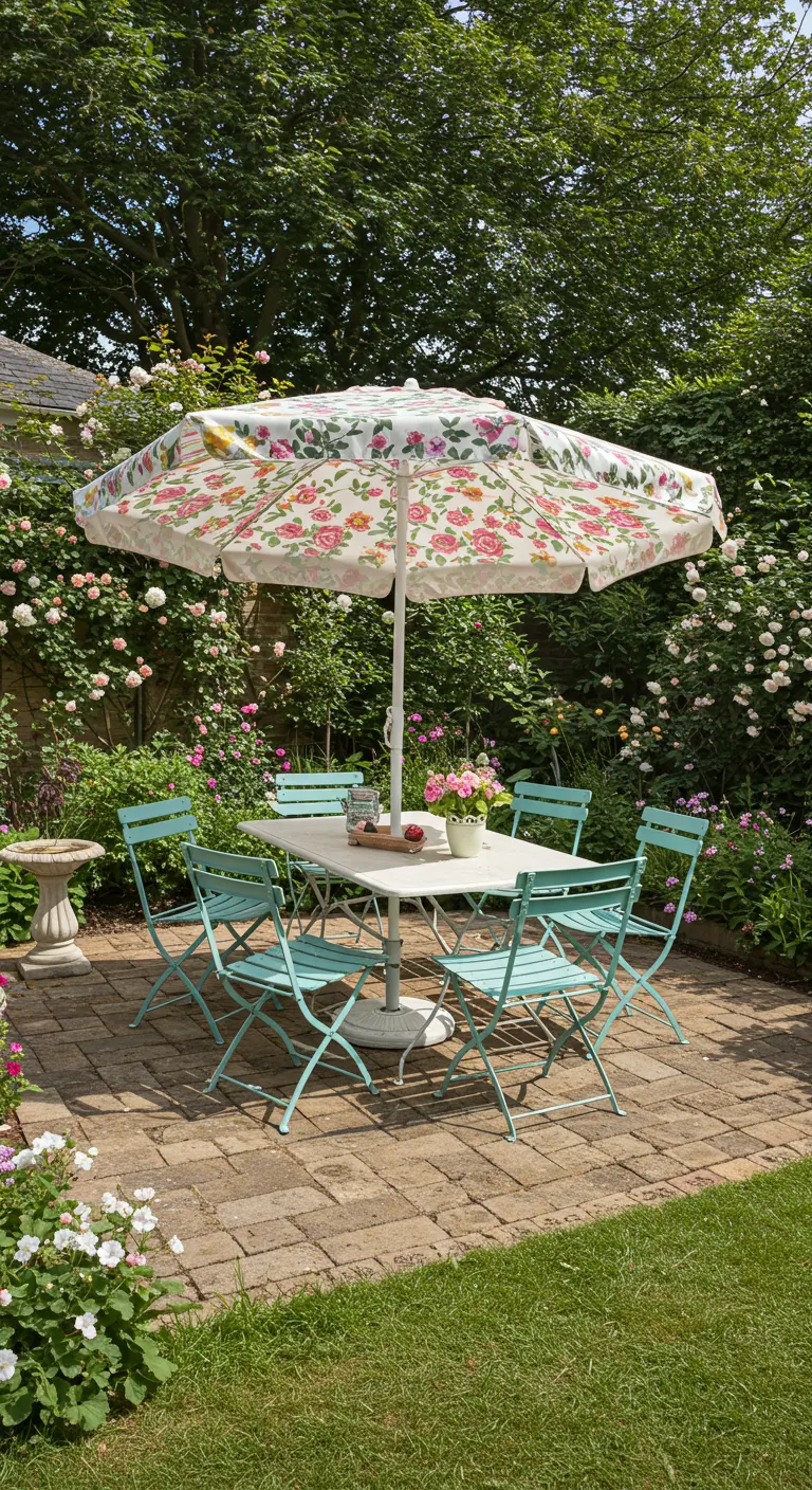 Table bistro blanche, chaises vert menthe, parasol fleuri dans un jardin de roses avec chemin en briques.