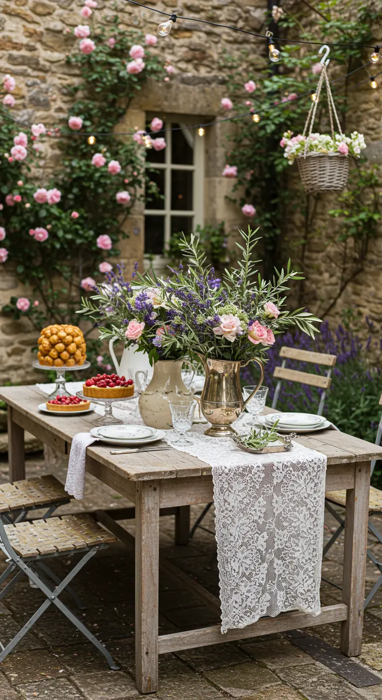 Table de jardin romantique avec bouquets de roses et lavande dans des pichets en argent, chemin de table en dentelle.
