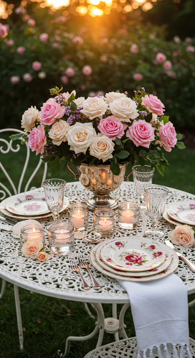 Petite table de bistro blanche avec bouquet de roses roses, vaisselle florale et bougies.