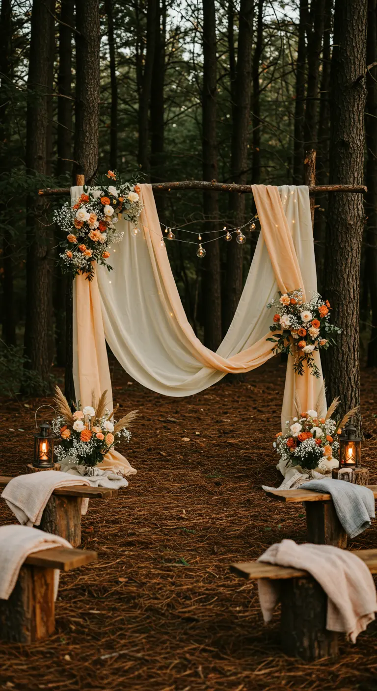 Arche de mariage rustique en forêt avec tissus pêche et crème, fleurs orange/blanc, bancs en bois, lanternes.