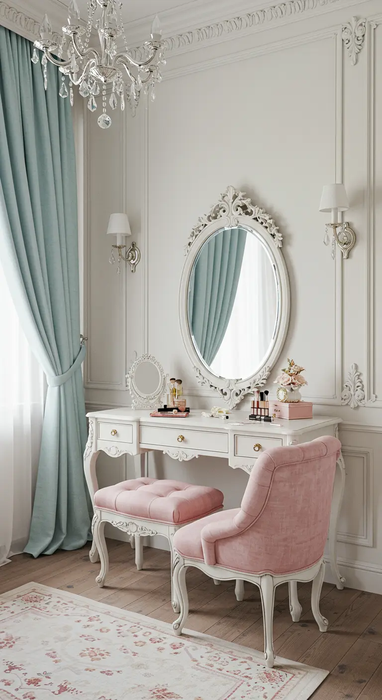 Coiffeuse victorienne blanche, miroir ovale orné, chaise et pouf rose poudré.