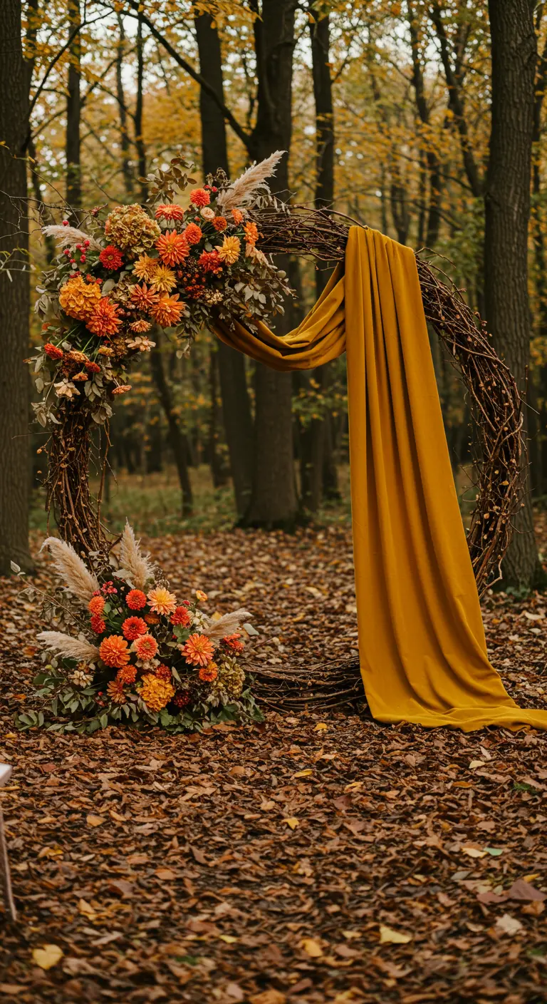 Arche d'automne ronde en osier avec fleurs orange et drapé moutarde.