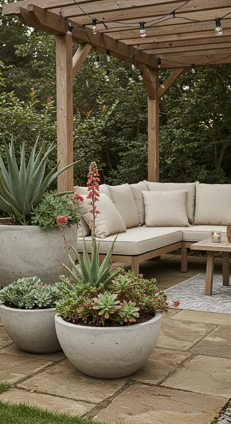 Pots ronds en béton avec plantes grasses, devant un salon de jardin en bois sous une pergola éclairée par des guirlandes.