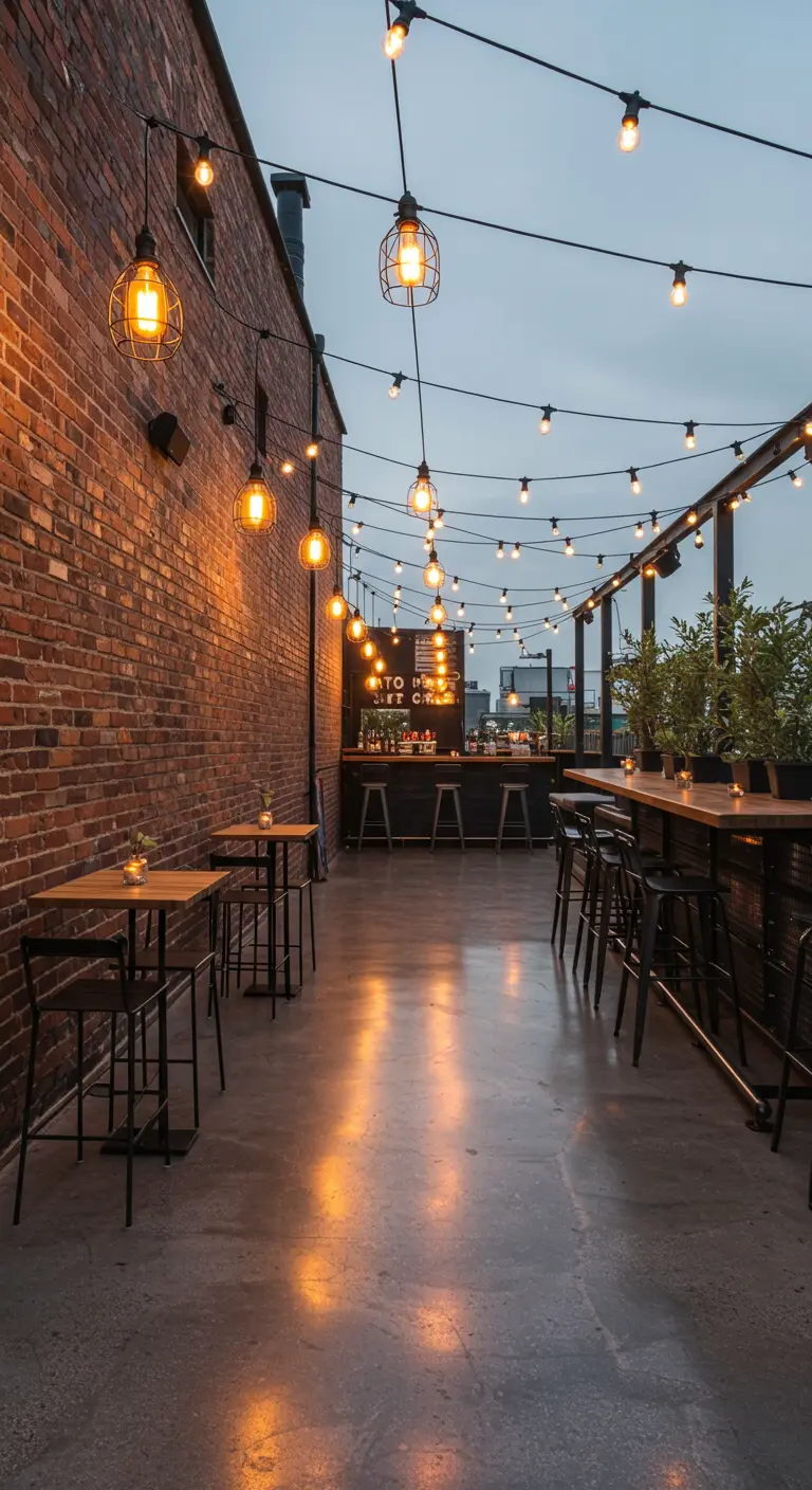 Rooftop bar avec mur de briques, éclairé par plusieurs types de guirlandes industrielles.