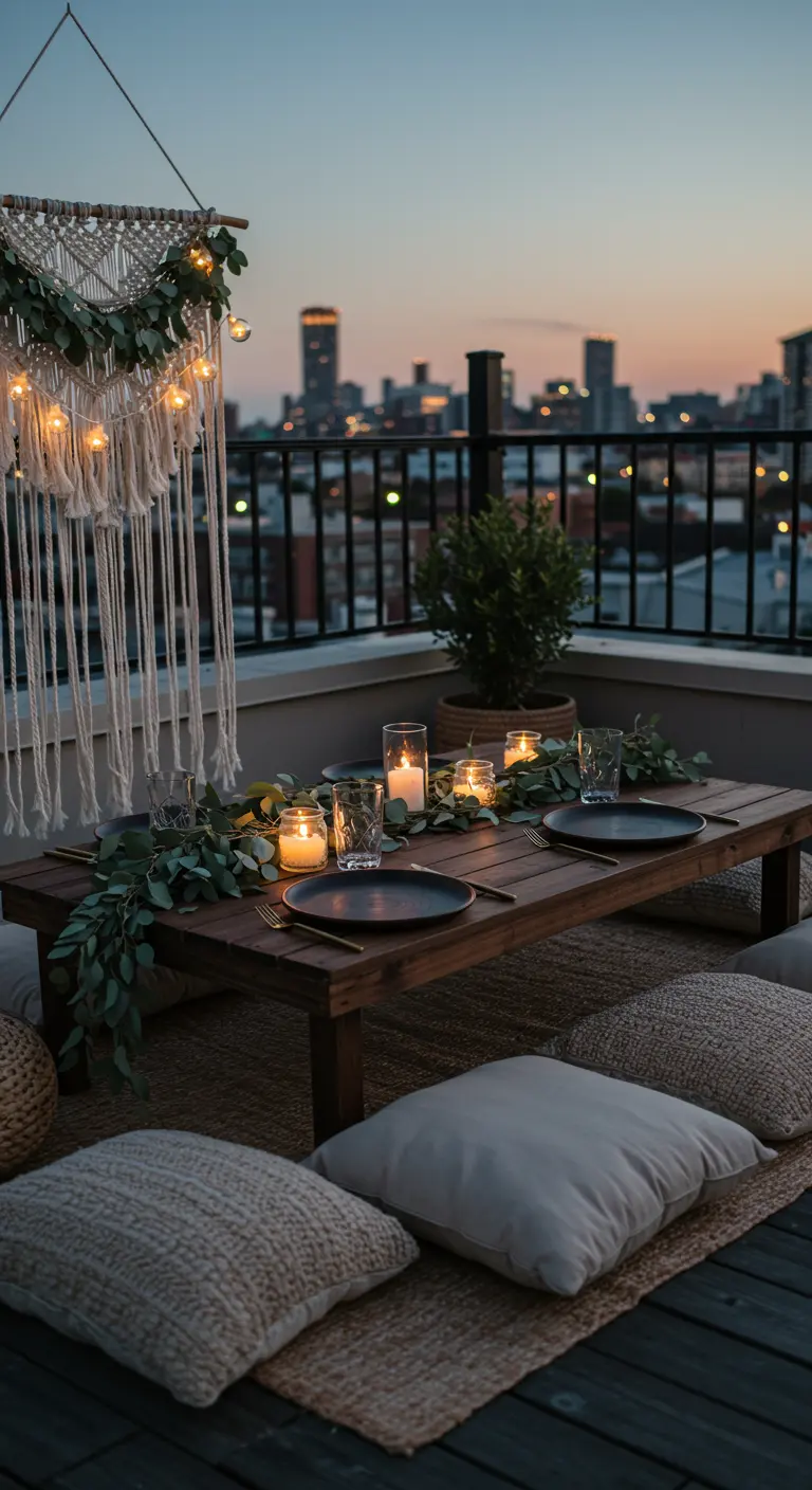 Table basse sur un rooftop, décorée de guirlandes lumineuses et de macramé.