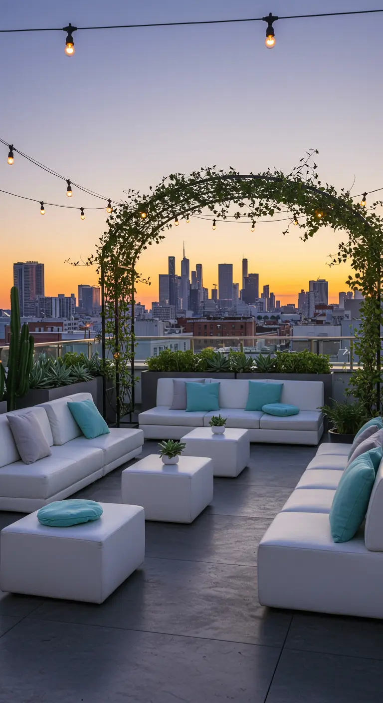 Salon de jardin blanc sur un rooftop avec une arche de verdure encadrant la skyline au coucher du soleil.