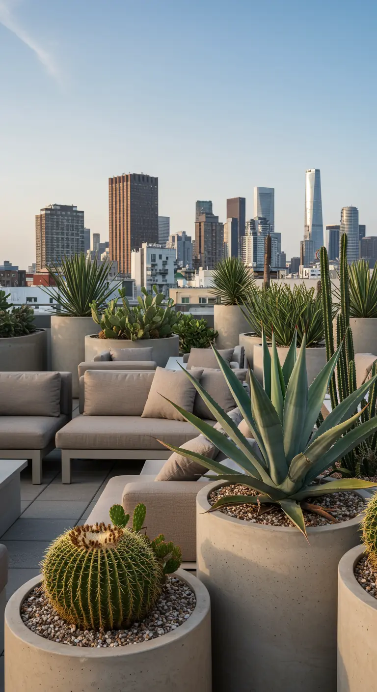 Rooftop urbain avec canapés bas, grands pots en béton de cactus et plantes grasses.