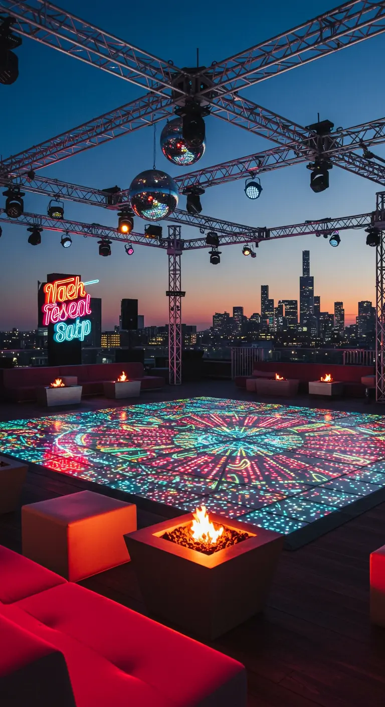 Piste de danse LED sur un rooftop au crépuscule, avec des braseros.