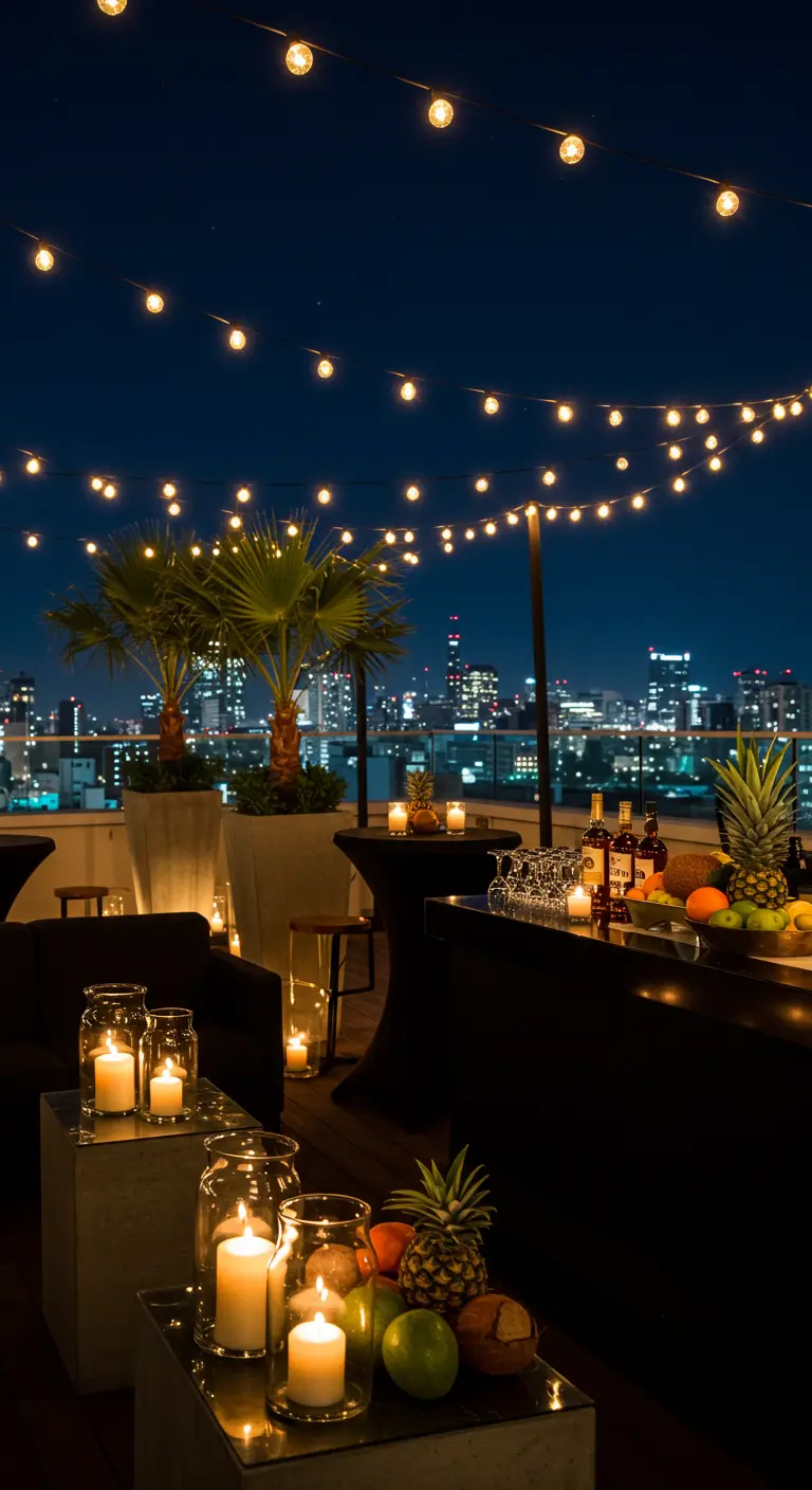 Bar sur un toit avec guirlandes lumineuses, palmiers et bougies.