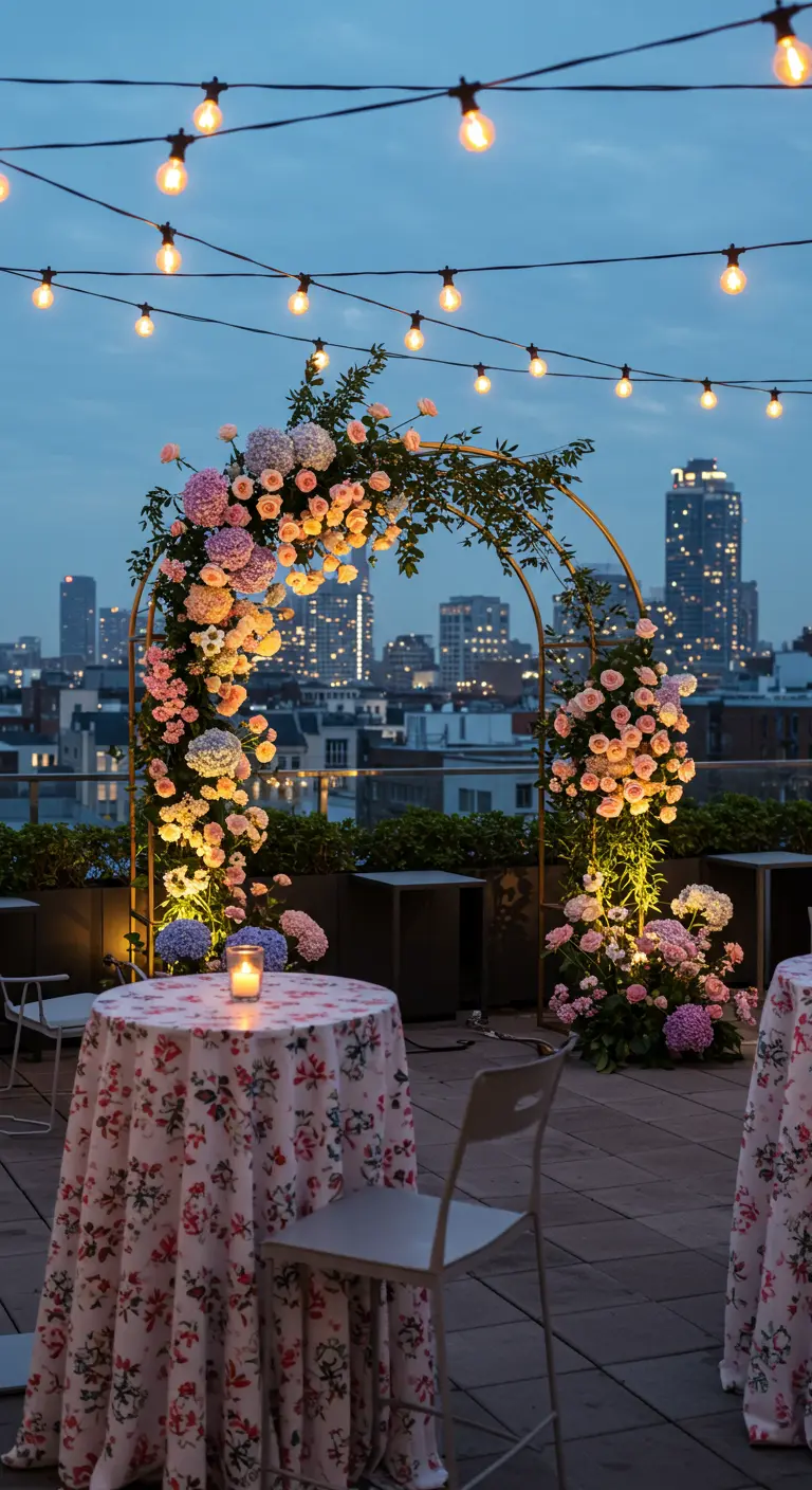 Rooftop urbain au crépuscule avec arche florale pastel illuminée, guirlandes lumineuses et tables fleuries.