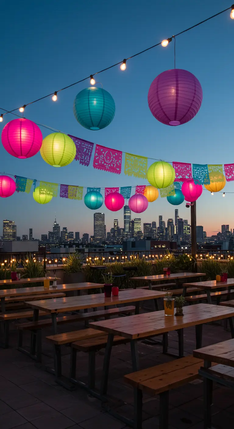 Fête sur un rooftop avec lampions multicolores, fanions festifs et skyline de la ville au coucher du soleil.