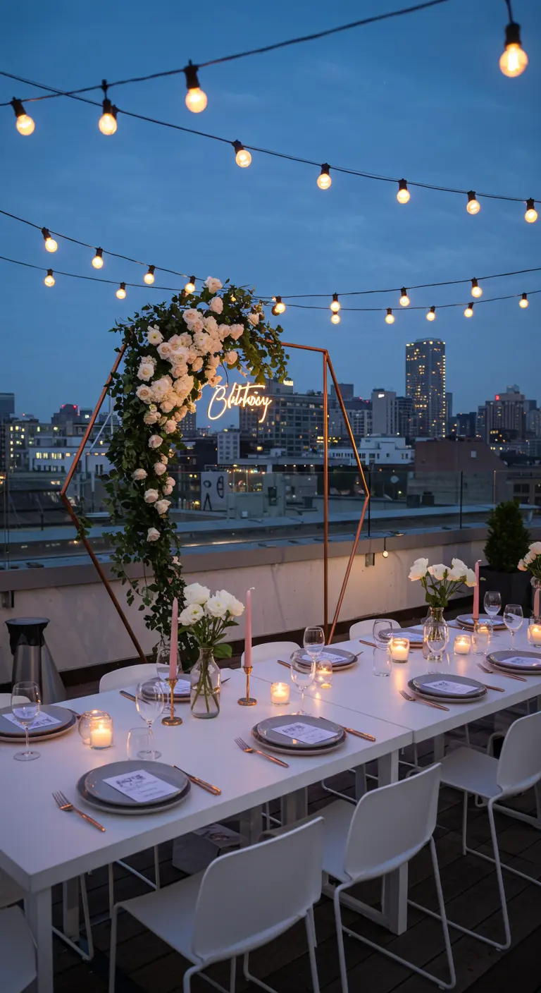 Dîner sur un rooftop avec une arche hexagonale florale et un néon