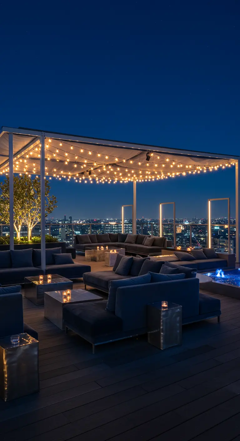 Rooftop lounge avec canapés d'angle, guirlandes lumineuses sous pergola, bougies et vue sur la ville la nuit.