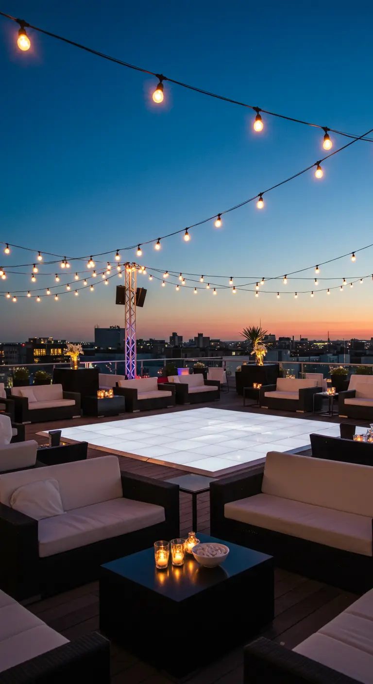 Terrasse sur le toit avec un dancefloor lumineux et des canapés lounge.