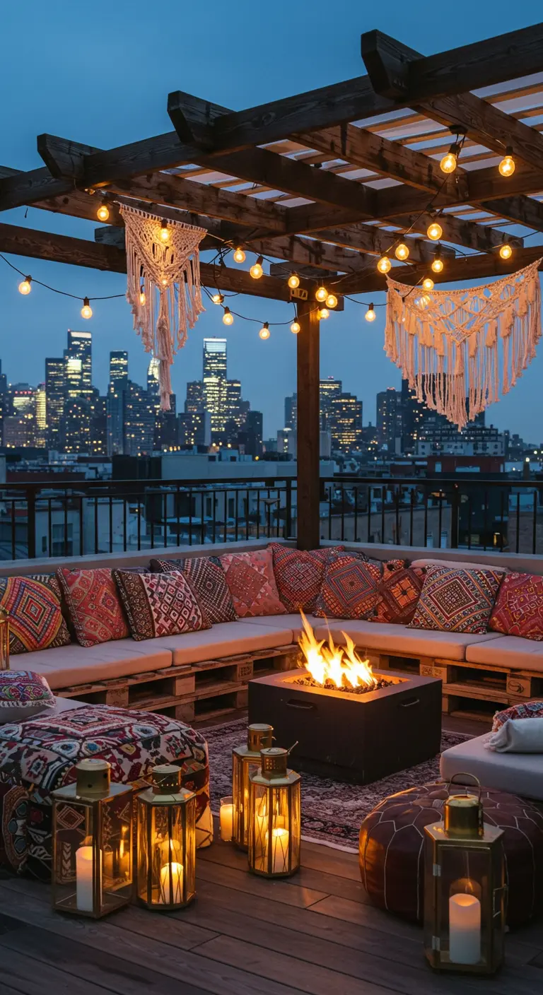 Terrasse sur un toit avec des canapés en palettes, un braséro et des guirlandes lumineuses.