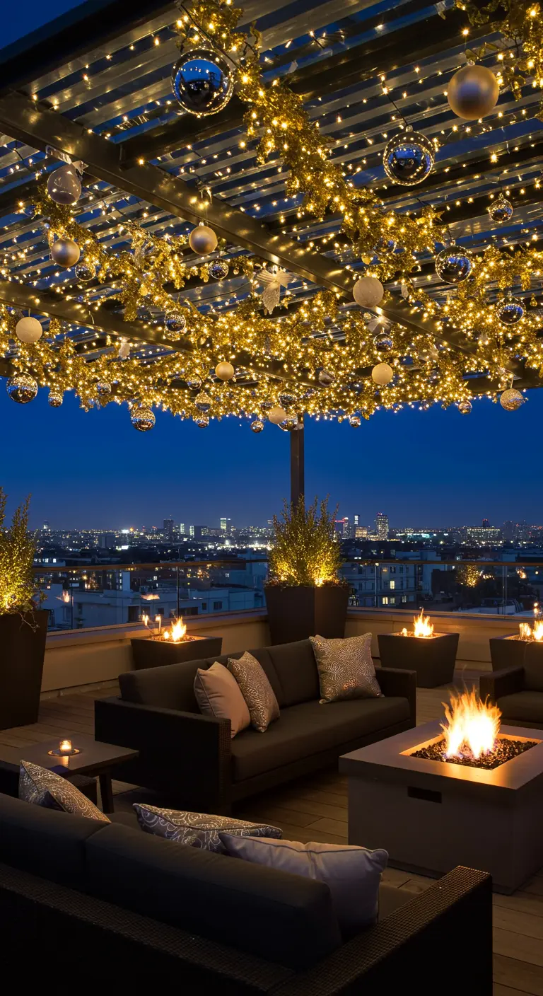 Terrasse de rooftop éclairée par un treillis de guirlandes lumineuses, boules miroir et braseros.