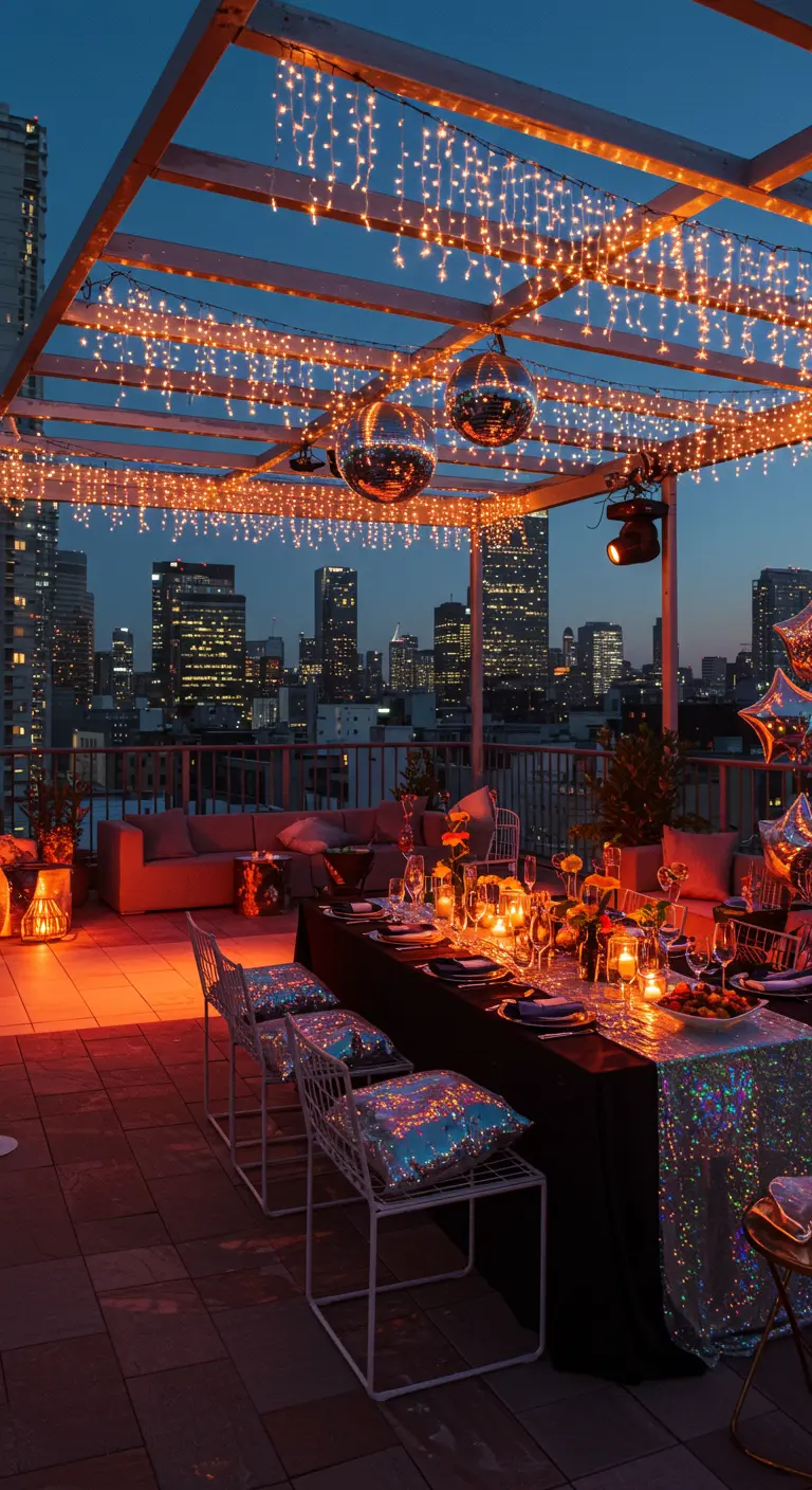Rooftop de ville décoré pour une fête nocturne avec des guirlandes lumineuses, des boules disco et une longue table de dîner.
