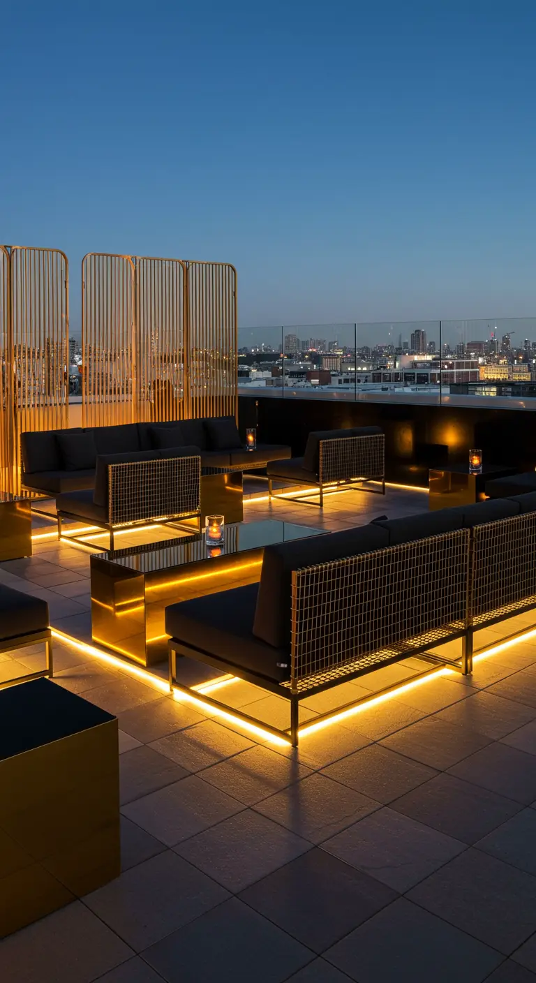 Rooftop avec des canapés noirs éclairés, paravents dorés et tables en verre.