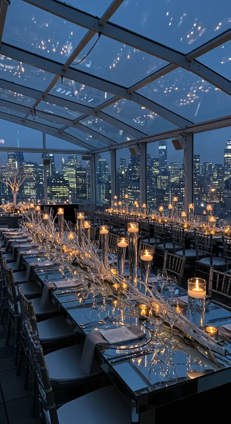 Table de mariage sur un rooftop de nuit, avec une table miroir reflétant les lumières de la ville.
