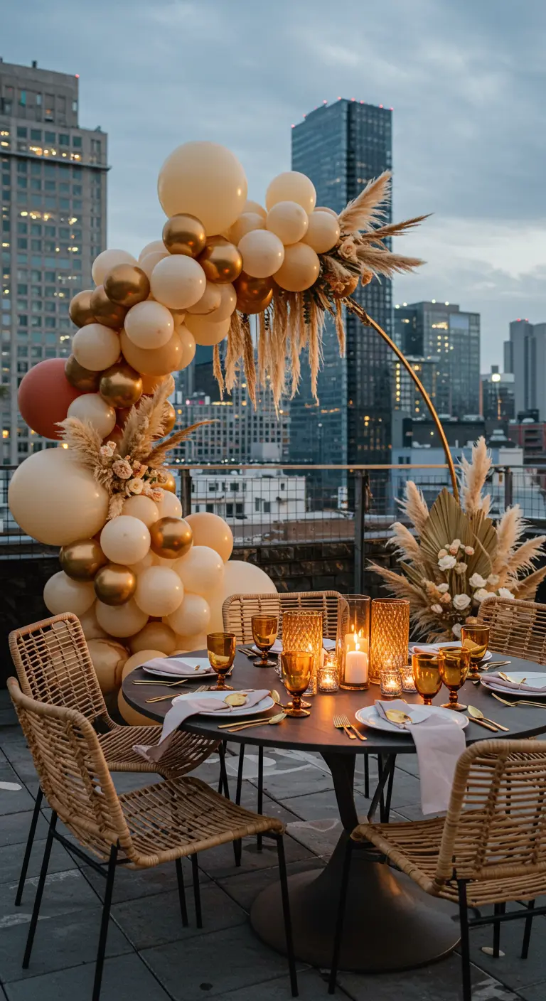 Arche de ballons dorés et crèmes sur un rooftop avec vue sur la ville.
