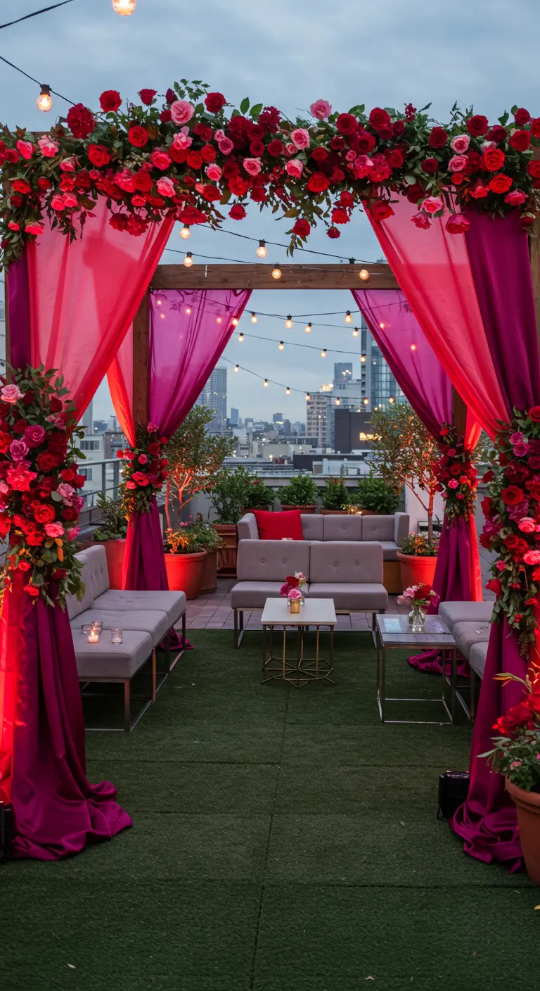 Arche florale rouge et fuchsia avec drapés vifs sur un rooftop urbain avec mobilier lounge.