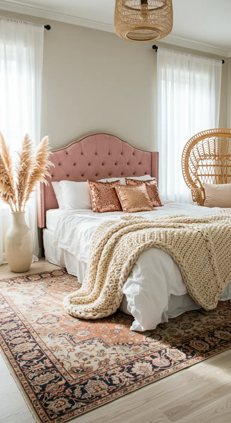 Chambre bohème chic avec tête de lit rose, plaid en grosse maille et pampa.