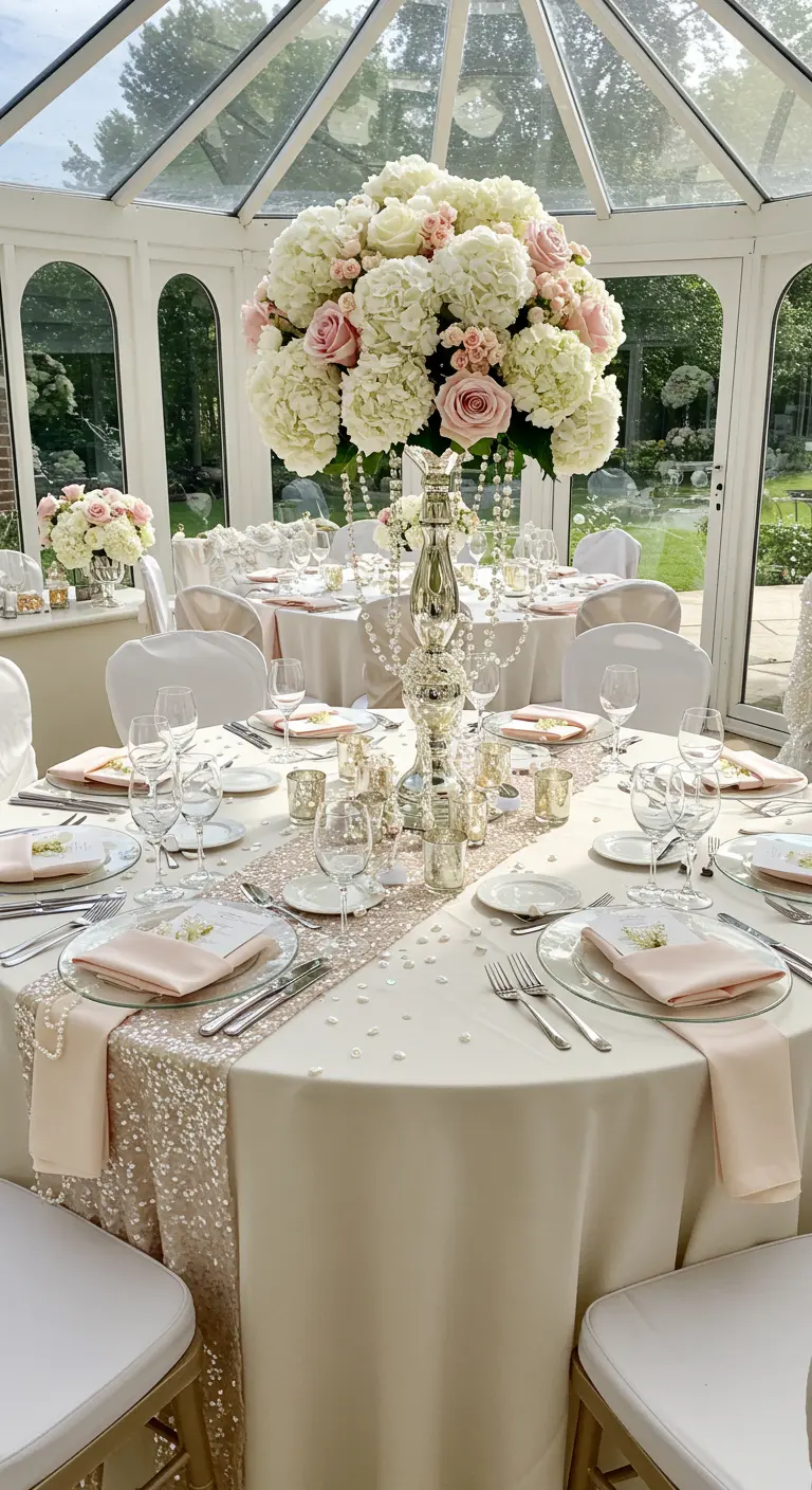 Table de mariage romantique avec nappe blanche, chemin de table rose pailleté et grand bouquet floral.