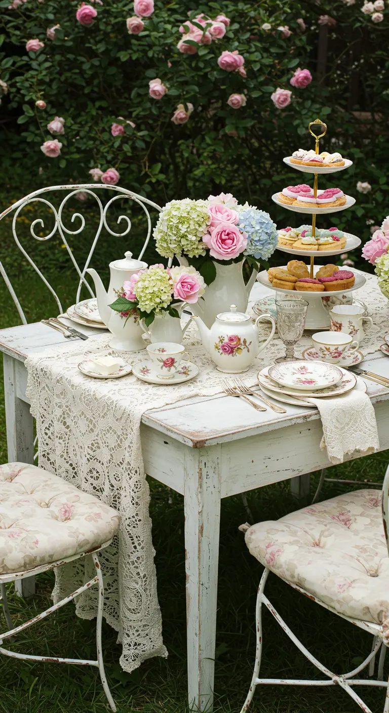 Table de Pâques romantique dans une roseraie avec nappe en crochet, roses pastel, hortensias et vaisselle vintage.