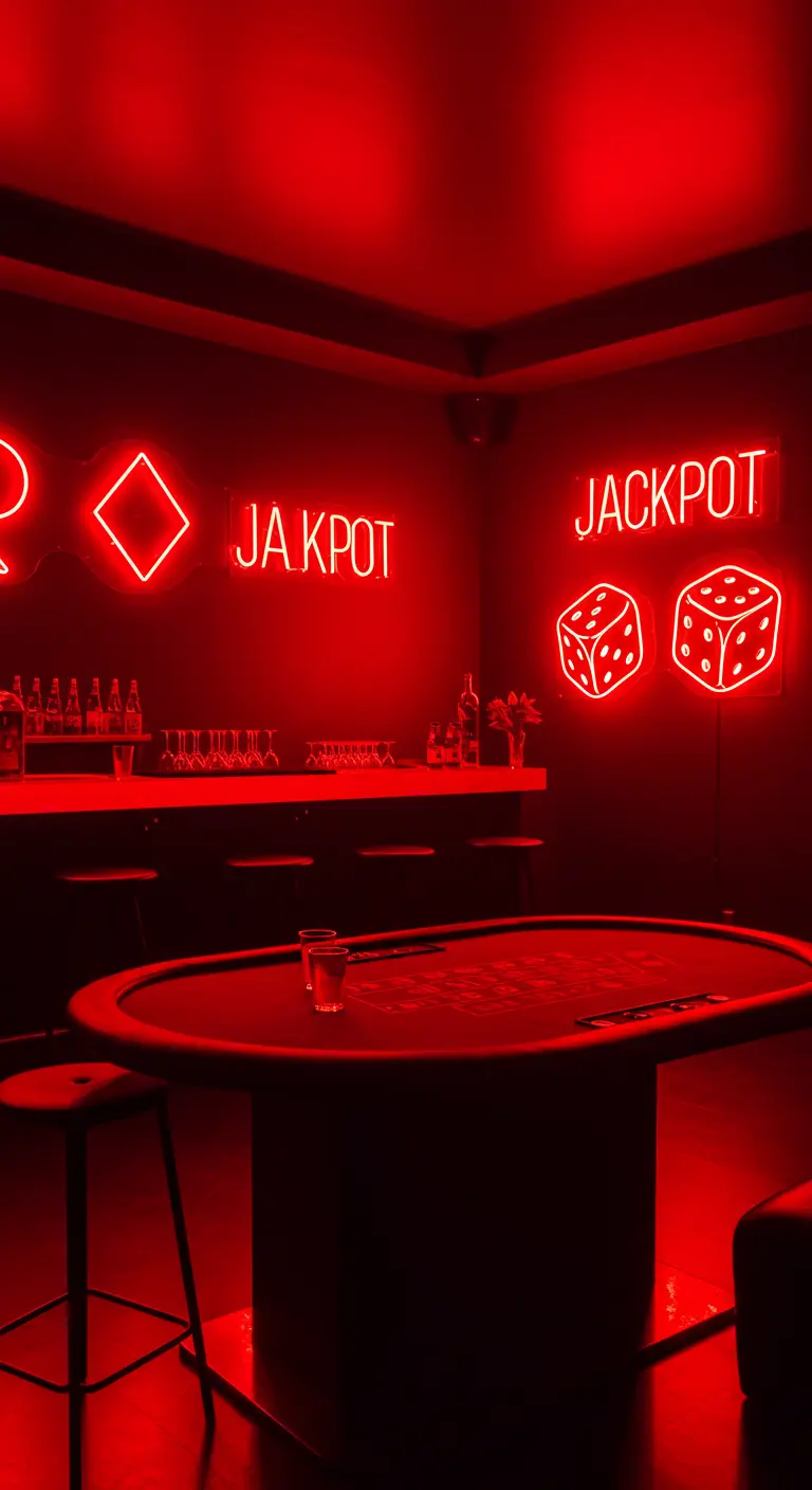 Pièce sombre illuminée par des néons rouges en forme de dés et de 
