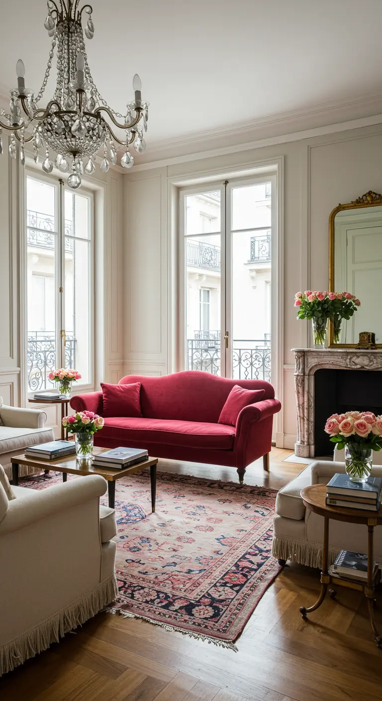 Salon parisien avec canapé en velours rouge, tapis oriental, lustre en cristal et cheminée.